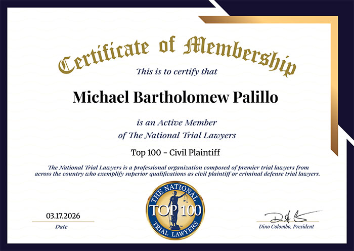 Certificate of Membership Michael Bartholomew Palillo The National Trial Lawyers Top 100 Civil Plaintiff